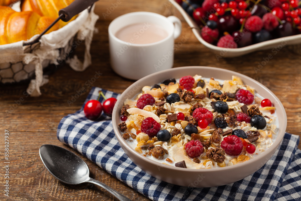Breakfast, muesli with milk and fresh fruit. Breakfast, muesli with milk and fresh fruit.