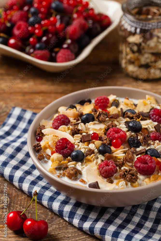 Breakfast, muesli with milk and fresh fruit. Breakfast, muesli with milk and fresh fruit.