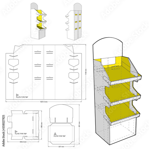 Counter display stand and Die-cut Pattern. The .eps file is full scale and fully functional. Prepared for real cardboard production.