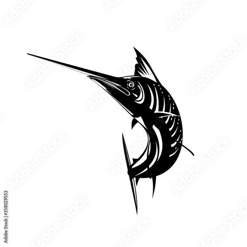 Atlantic Sailfish Jumping Up Woodcut Retro Black and White