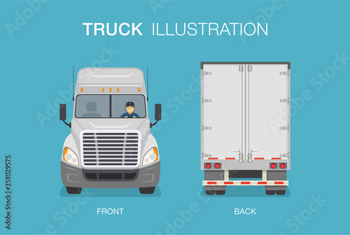New isolated american truck with driver. Front and back view. Flat vector illustration.