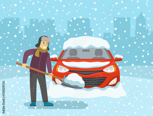 Man with shovel cleaning snow. Front view of car covered with snow. Flat vector illustration.