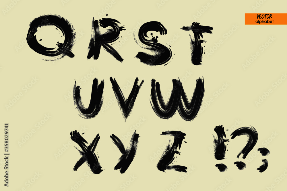 art sketched stylization alphabet in vector, black grungy font, part 2