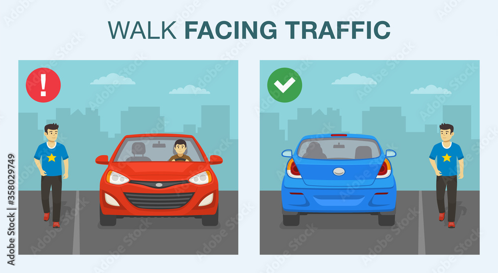 Driving a car. Walking safely on the road. Pedestrian safety rule. Walk or run facing