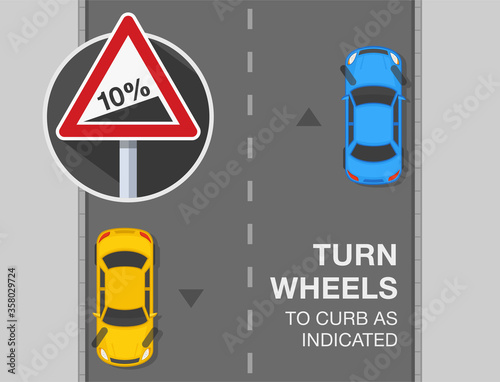 How to Park on a Hill. Turn wheels when parking. Flat vector illustration. Top view.