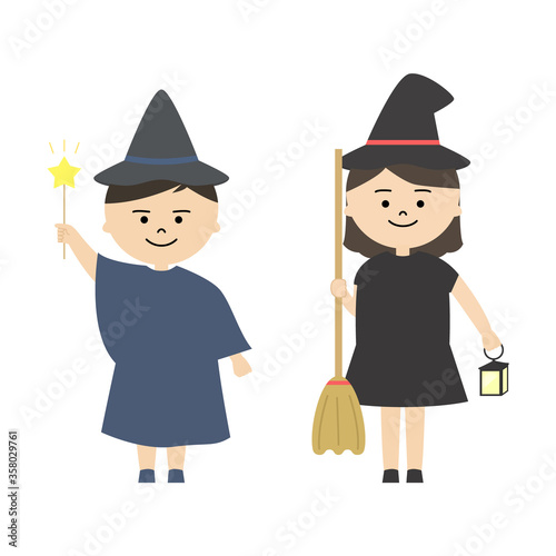 魔法使いと魔女の仮装をした男の子と女の子のイラスト