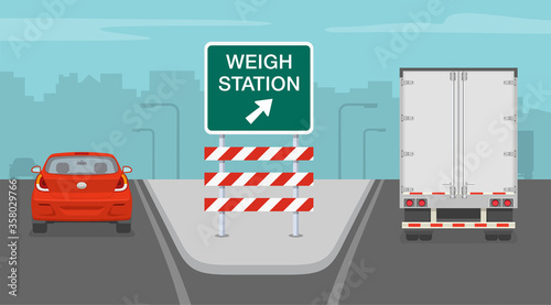 Mini car and truck on highway. Weigh station road sign. Back view. Flat vector illustration.