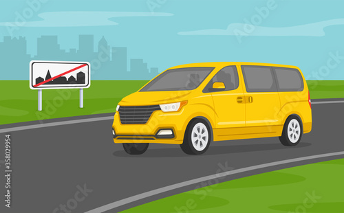 New modern van is leaving city on highway. End of town sign. Flat vector illustration.