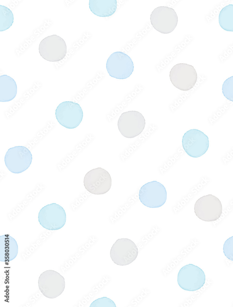 Seamless Geometric Vector Pattern with Pastel Blue and Gray Polka Dots on a White Background. Watercolor Style Dotted Print. Cute Repeatable Vector Design with Hand Drawn Dots. Baby Boy Party Pattern.