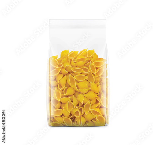 Transparent package with conchiglie pasta isolated on white background. Vector illustration. Can be use for template your design, promo, adv. EPS10.	