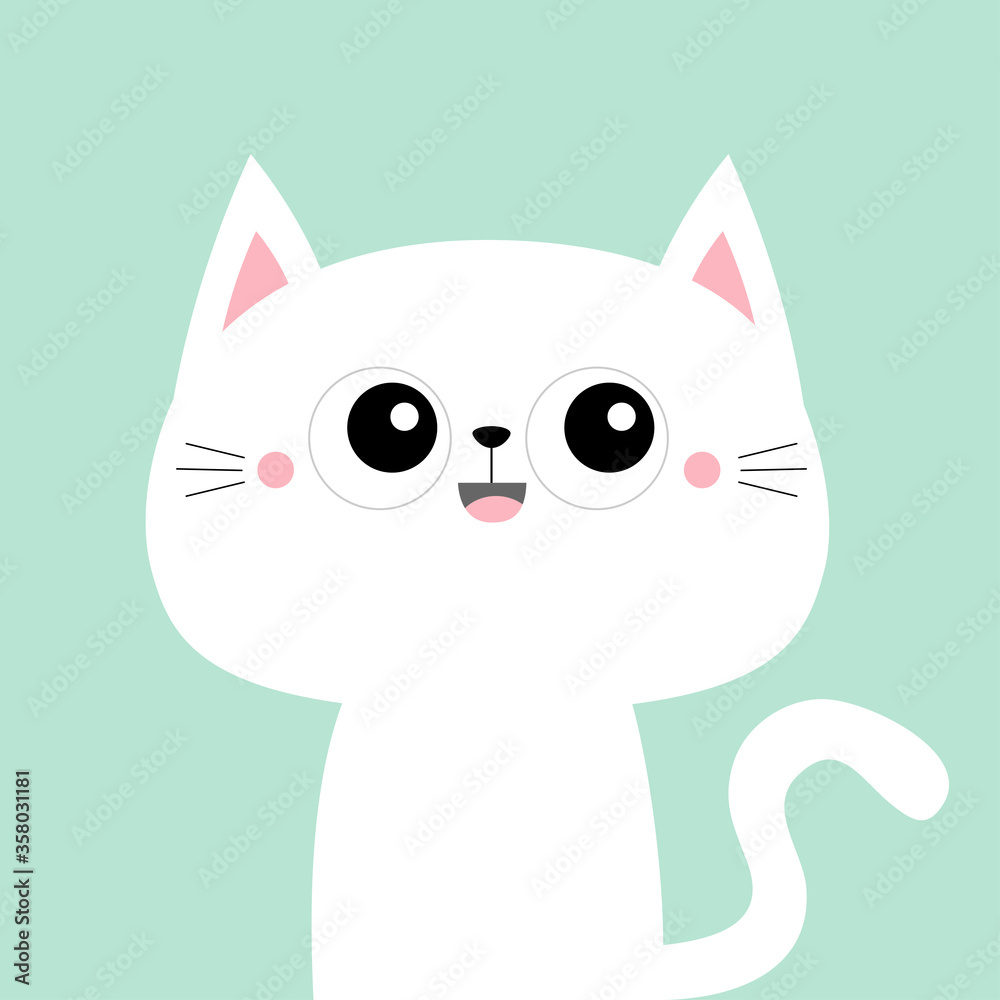 Cute white cat kitty kitten smiling face icon. Happy Valentines Day. Kawaii cartoon character. Pink cheeks. Baby greeting card tshirt notebook cover print. Blue background. Flat design. Cute white cat kitty kitten smiling face icon. Happy Valentines Day. Kawaii cartoon character. Pink cheeks. Baby greeting card tshirt notebook cover print. Blue background. Flat design.
