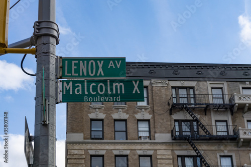 Harlem, New York, Malcom X Boulevard and Lenox Avenue street sign photo