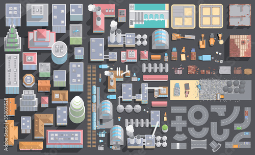 Vector set of cityscape. City, industry and construction. (Top view) Skyscrapers, buildings, houses, roads, factories, plants, construction machinery. (View from above)