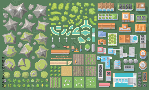 Set of landscape elements. Green city and farm. (Top view) Mountains, hills, river, plants, houses, buildings, solar panels, wind turbines, agricultural fields. (View from above) 
