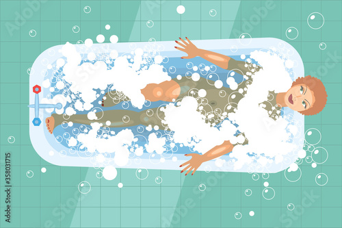 Vector illustration. Young beautiful woman taking relaxing bath with foam. (Top view) 
