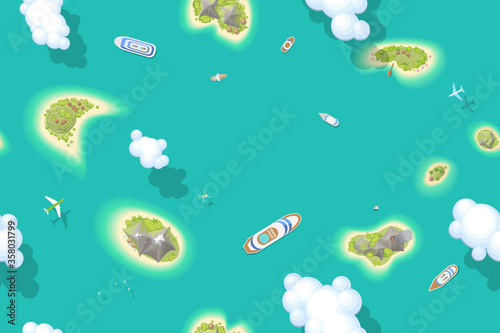 Seamless pattern. Summer vacation. The islands and ships. (top view) Time to travel - sun, sea, island, sand, yacht, airplane, palm, clouds. (view from above)