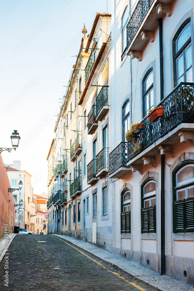 Lisbon, Portugal.- February 11, 2018: Street view of downtown in Lisbon, Portugal, Europe