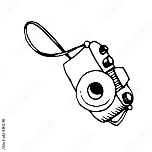 Vector outline illustration of photo camera in doodle primitive style. Simple hand drawn sketch in black and white. Isolated on white background