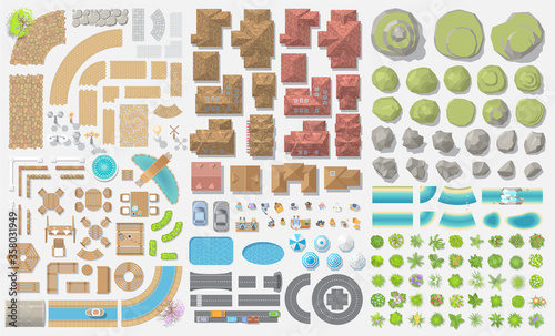 Vector set. Old city. (Top view) Vintage cityscape. (View from above)
Collection for landscape design, plan, maps. 