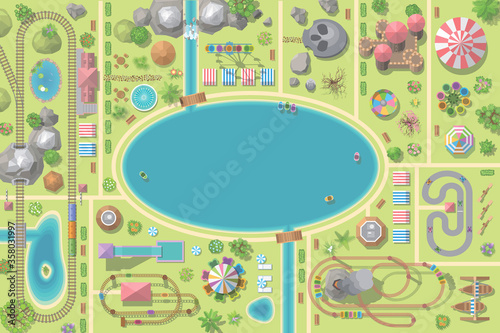 A vector illustration of amusement park map. (Top view) Attractions, paths, lake, railroad, circus, plants, tents. (View from above)