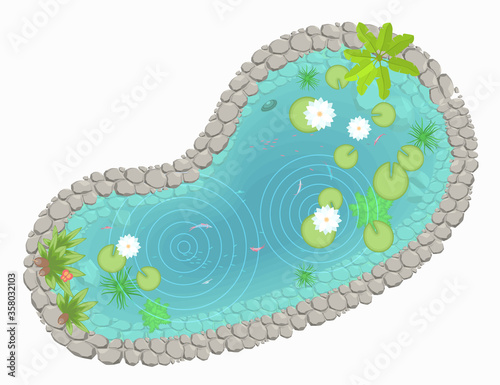 Vector illustration. Pond with lotuses. (Top view) Lake with fish and plants. (View from above)