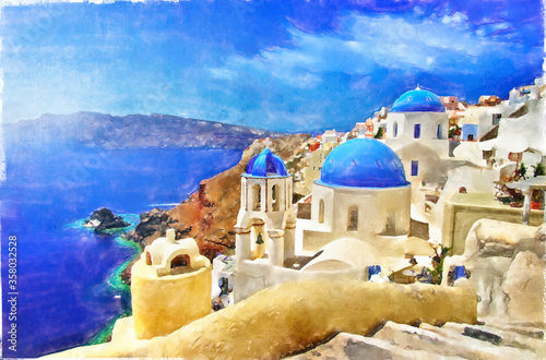 Greece. Iconic Santorini - view of caldera with blue domes. Artistic painting style
