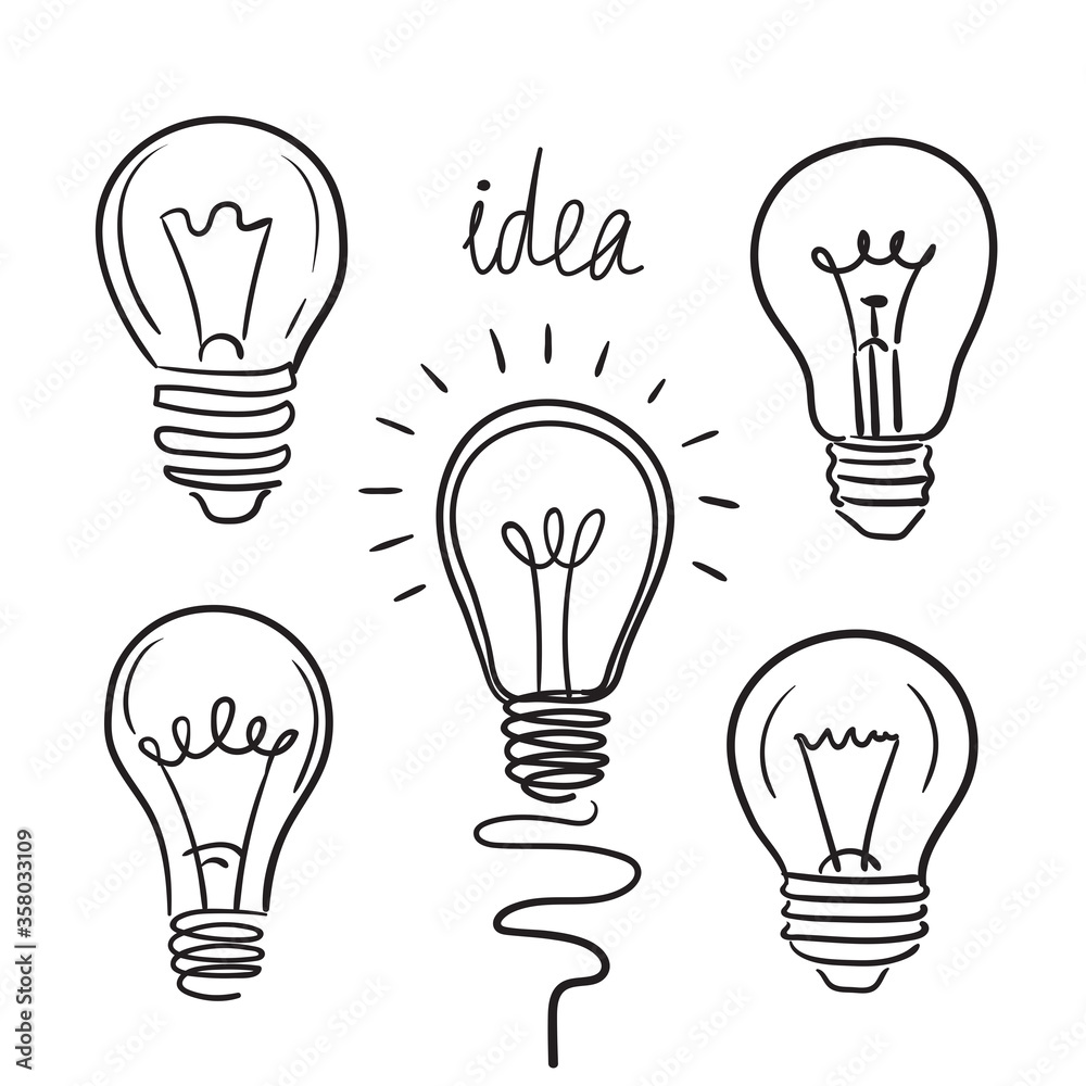 Set of hand drawn light bulb icons. Idea, solution, success. Vector doodle illustration. Set of hand drawn light bulb icons. Idea, solution, success. Vector doodle illustration.