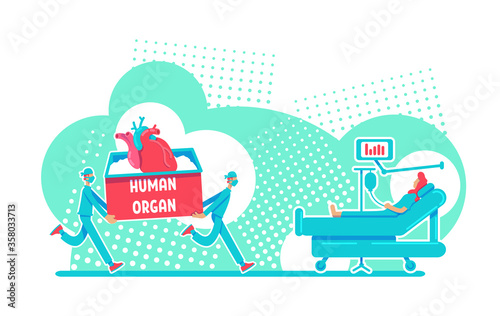 Organ transplant surgery flat concept vector illustration. Emergency donor for heart. Clinical operation 2D cartoon characters for web design. Surgical procedure to save life creative idea