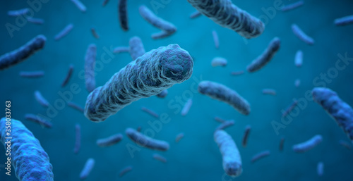 group of microscopic bacteria cells on blue background, 3d illustration
