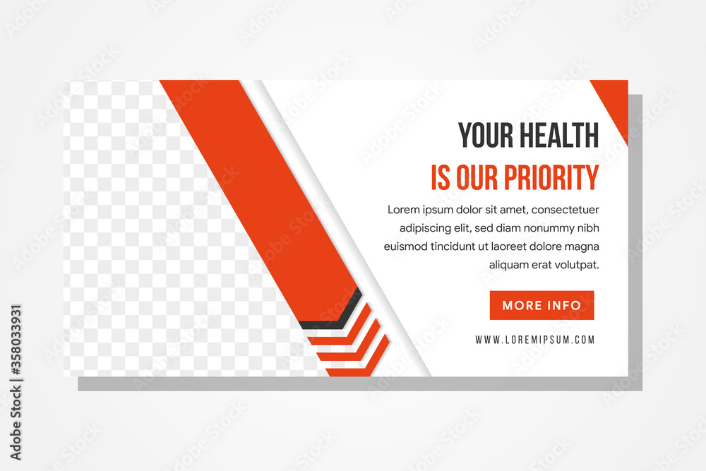 horizontal banner for health company use white and orange flat color. diagonal arrow face to down. space for photo on left side. horizontal banner for health company use white and orange flat color. diagonal arrow face to down. space for photo on left side.