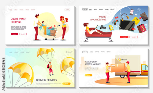Set of web pages for Online store, Shopping, Supermarket, Ordering, Delivery services, Cargo transportation, Deliveryman. Vector illustration for poster, banner, advertising, commercial.