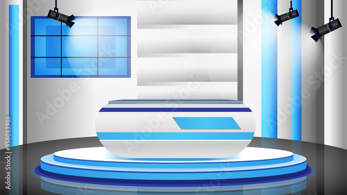 Empty news studio flat color vector illustration. Professional news channel room 2D cartoon interior with decorations on background. Newsreader workplace, newscaster desk in spotlights with no people