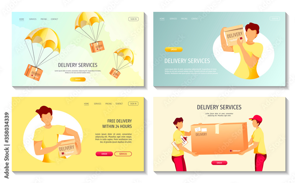 Set of web pages for Delivery services, Ordering, Cargo transportation, courier, Deliveryman. Vector illustration for poster, banner, advertising, website.