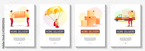 Set of flyers for Delivery services, Ordering, Cargo transportation, Courier, Deliveryman. A4 vector illustration for poster, banner, advertising.