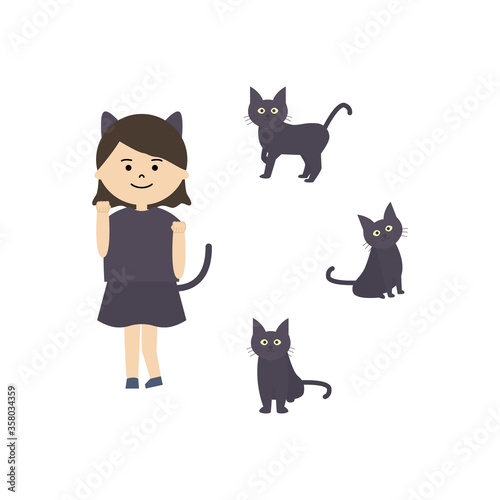 黒猫と黒猫の仮装をした女の子のイラスト