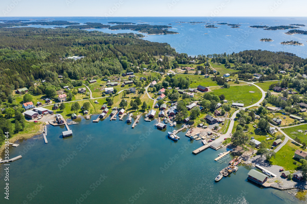 Aerial view of Rosala village in summer in Archipelago southern Finland
