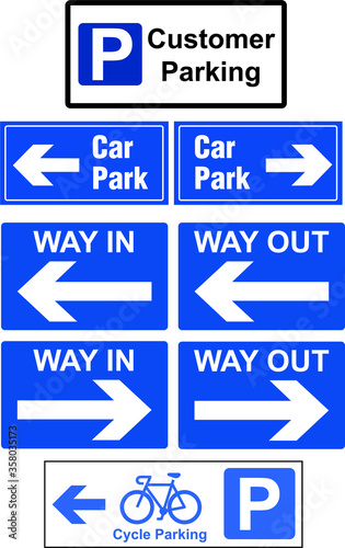 Car park signs way in way out customer parking Bicycle parking exit this way signs
