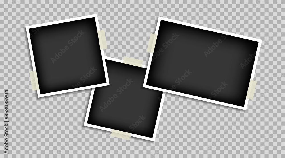 Empty photo frame glued with transparent adhesive tape. Black blank space for text or photo. Realistic detailed photo template design icon. Empty photo frame glued with transparent adhesive tape. Black blank space for text or photo. Realistic detailed photo template design icon.