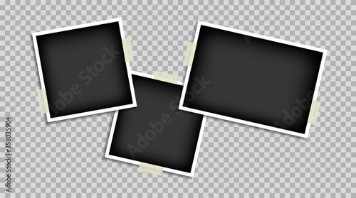 Empty photo frame glued with transparent adhesive tape. Black blank space for text or photo. Realistic detailed photo template design icon.