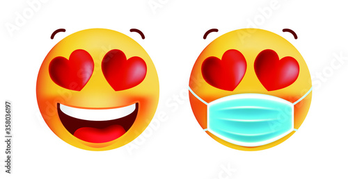 Cute In Love Emoticon with Face Mask on White Background. Isolated Vector Illustration 