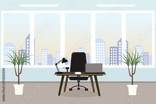 Office workplace with table, window, flower