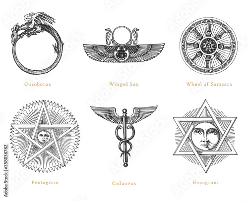 Drawn sketches of mystical symbols. Set of vector illustrations. Vintage pastiche of esoteric and occult signs.