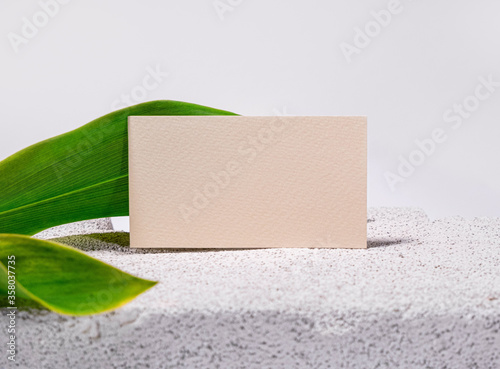 Template of business card on natural style on white stone. Bright background. Mockup business card. Cosmetology, monochrome style. Still life style clinic. Beauty slon card presentation