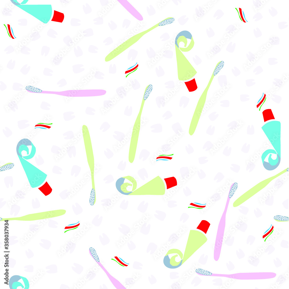 Medical seamless pattern with hygienic means for mouth cavity. Pattern with toothbrushes, tubes of toothpaste, dairy and molars. Dental seamless pattern. Medical seamless pattern with hygienic means for mouth cavity. Pattern with toothbrushes, tubes of toothpaste, dairy and molars. Dental seamless pattern.