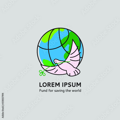 Logo template with the dove of peace, the bird and the globe Foundation of the salvation of the world