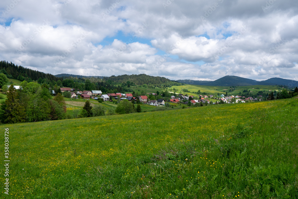 Mountain valley village landscape summer. Mountain village view. Village in mountains. Mountain valley village landscape in slovakia