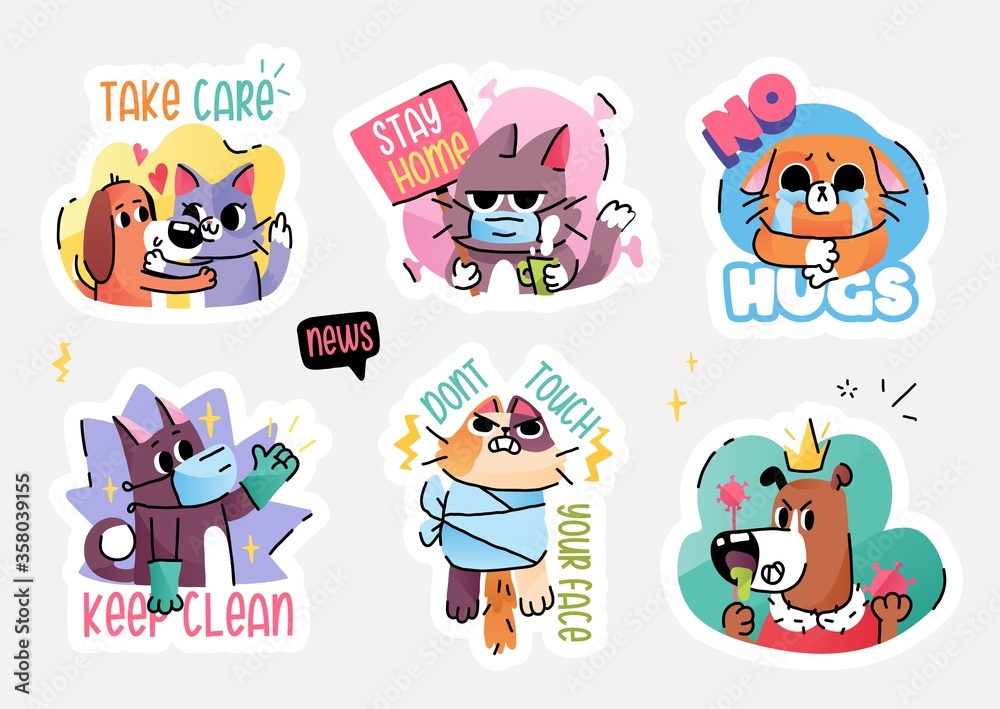 Fototapeta premium Cats and dogs in medical face mask fighting coronavirus. Self quarantine and isolation concept stickers. Vector