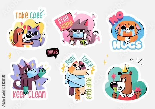 Cats and dogs in medical face mask fighting coronavirus. Self quarantine and isolation concept stickers. Vector