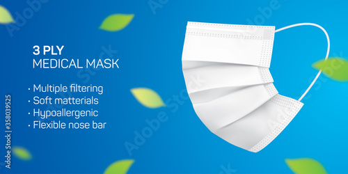 3 ply disposable mask vector flyer design with copy space. White medical face mask with green leaves flying in the air. Coronavirus disease and pollution protective surgical mask concept background.