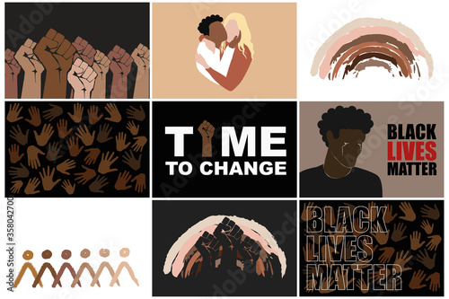 Black lives matter set. Stop racism. Protesting fist, multiracial persons hugging, different hands, man crying, rainbow and abstract people in different races skin colors. Modern vectors